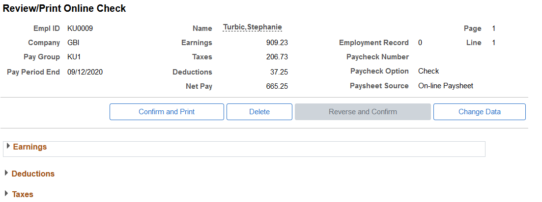 Review/Print Online Check page after calculation