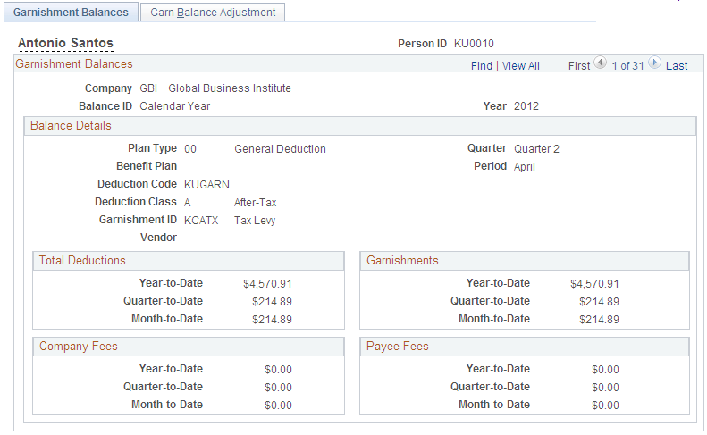 Garnishment Balances page