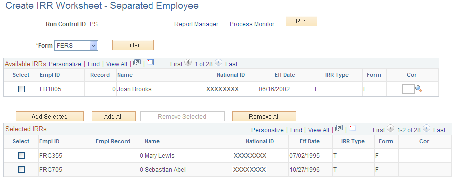 Create IRR Worksheet - Separated Employee page