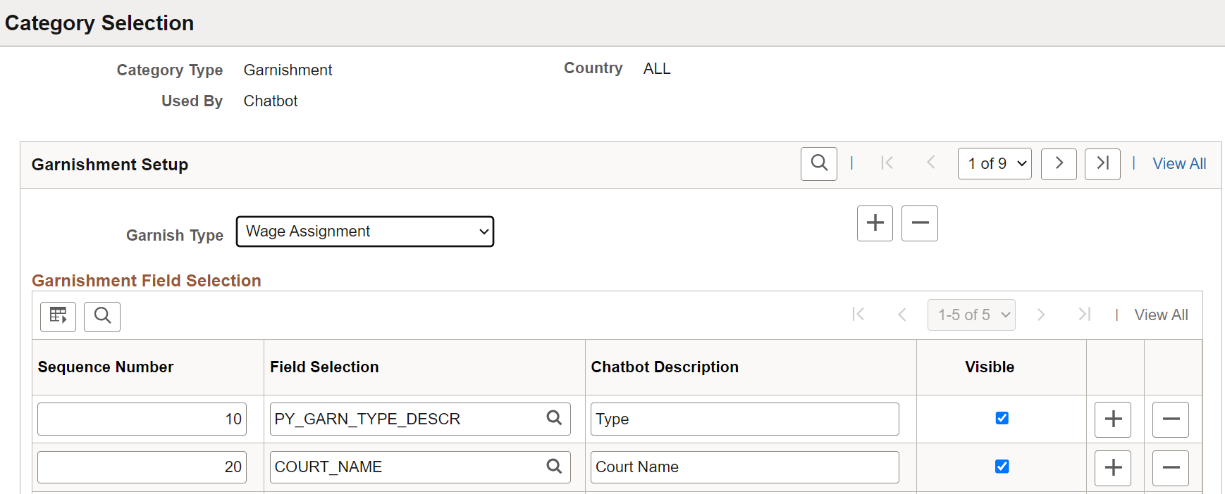 Category Selection page for garnishment