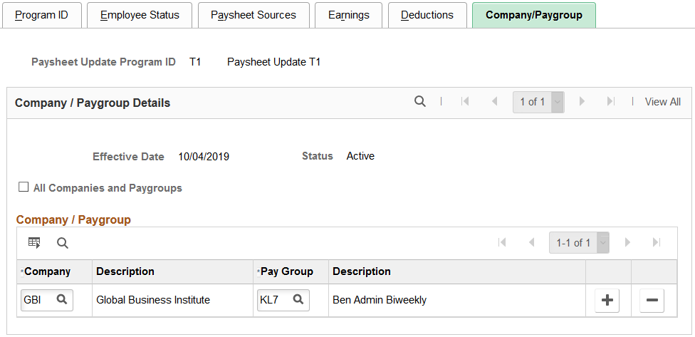 Paysheet Update Program - Company/Paygroup page