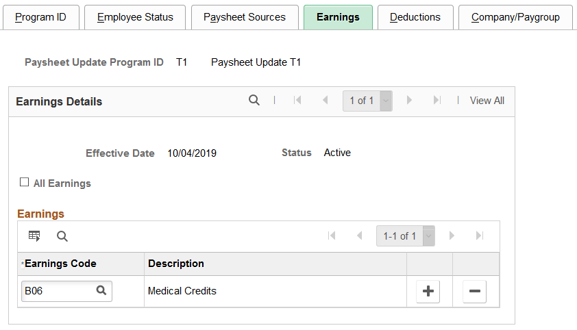 Paysheet Update Program - Earnings page