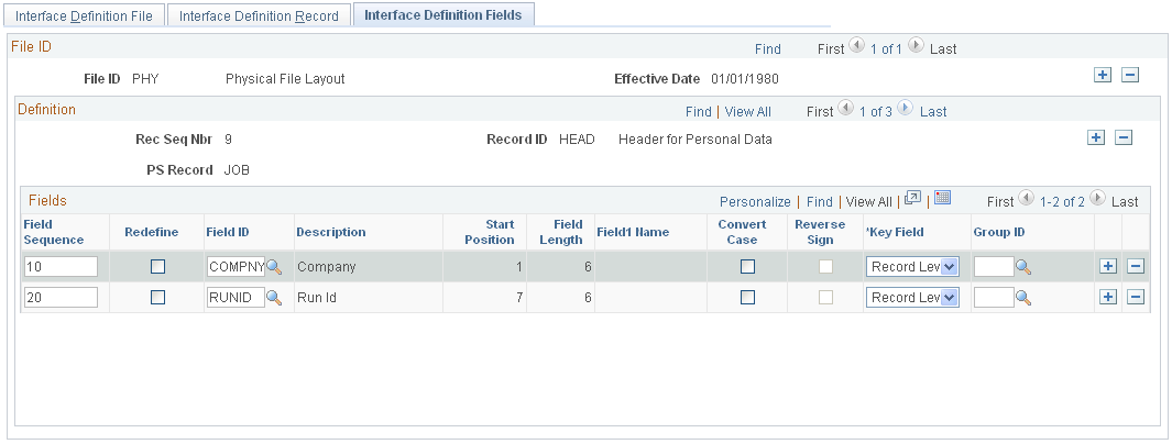 Interface Definition Fields page