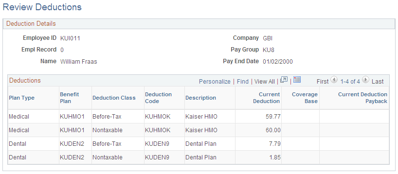 Review Deductions page for Step 1: Run the Calculate Deductions and Confirmation Processes