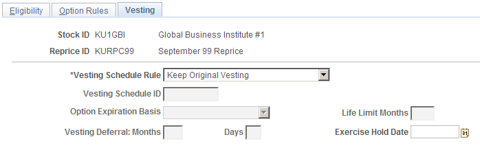 Define Stock Repricing - Vesting page