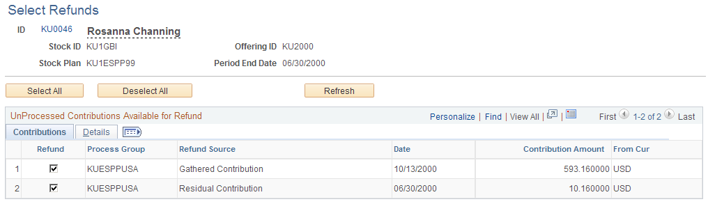Select Refunds page: Details tab