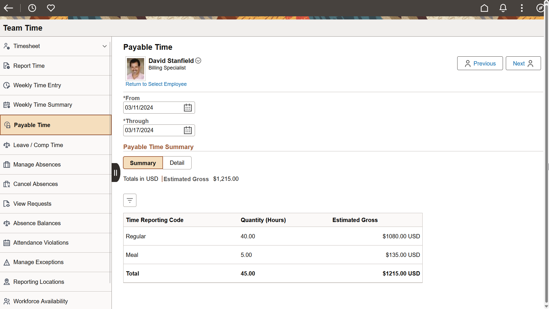 payable Time_Summary page