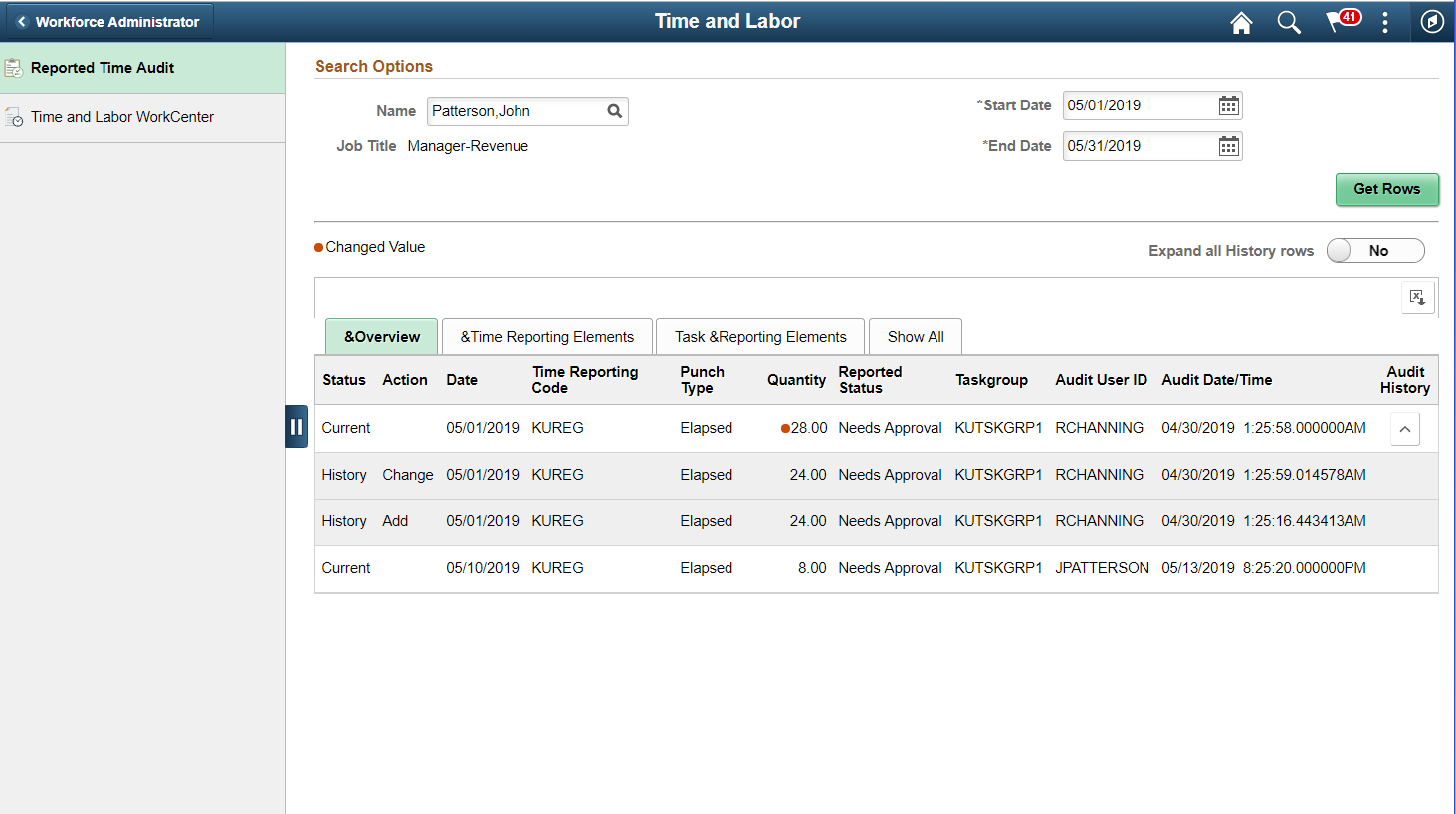 Report Time Audit page_Overview tab with history for Elapsed