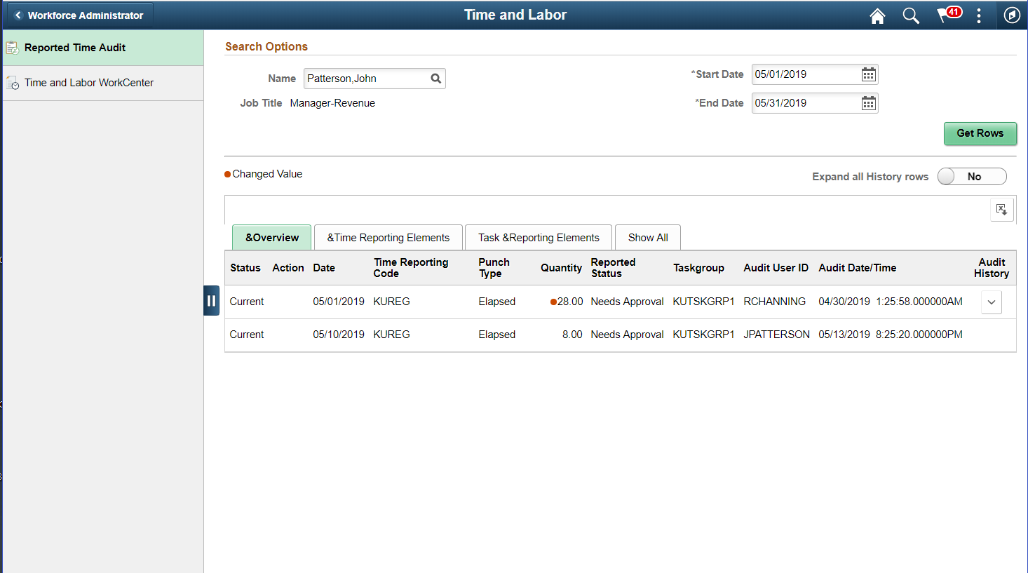 Report Time Audit page_Overview tab for Elapsed