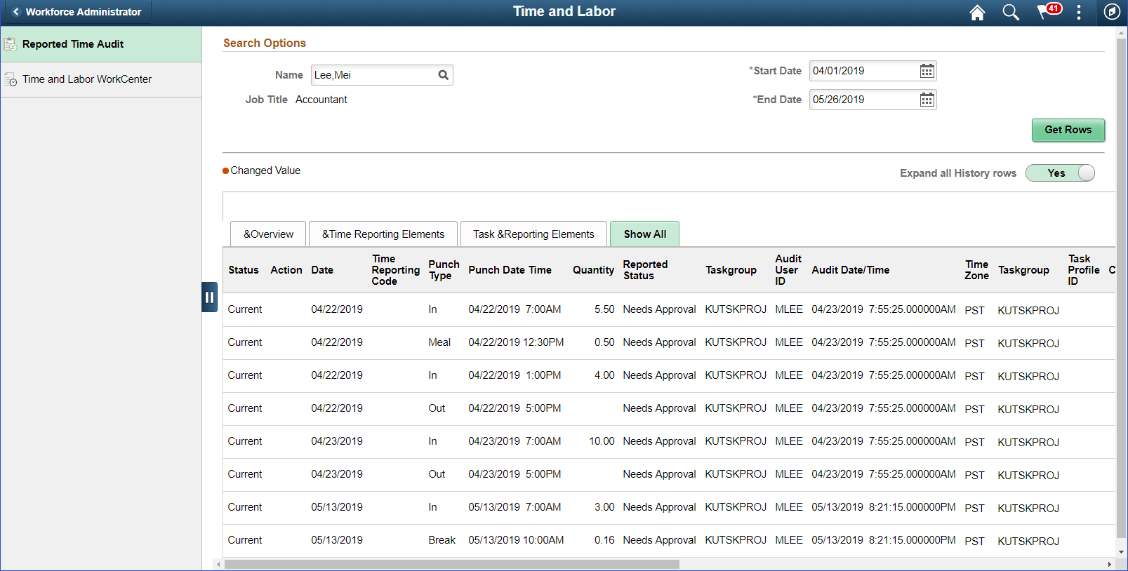 Report Time Audit page_Show All tab for Punch
