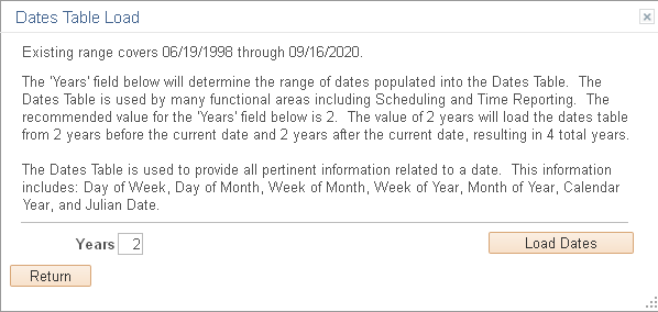 Dates Table Load page