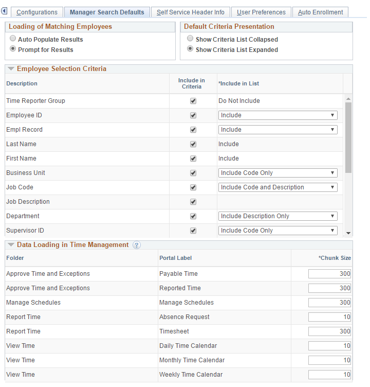 Manager Search Defaults page