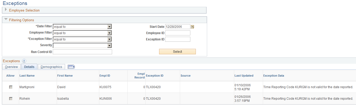 Exceptions page - Details tab