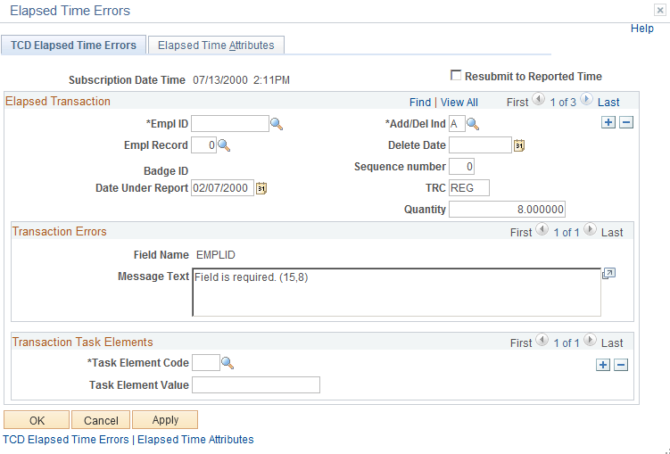 TCD Elapsed Time Errors page