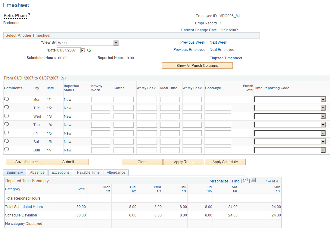 Timesheet page