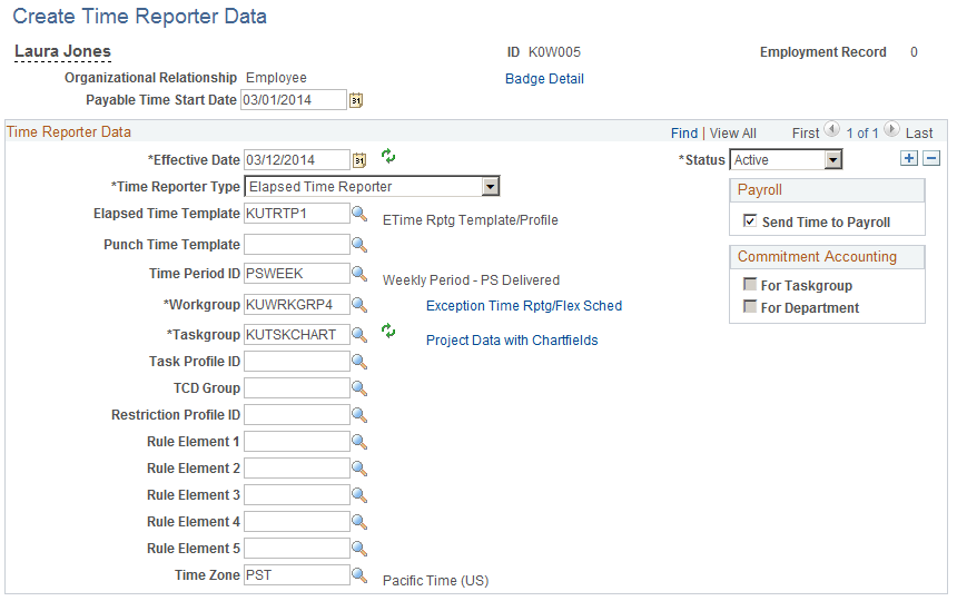 Create Time Reporter Data page