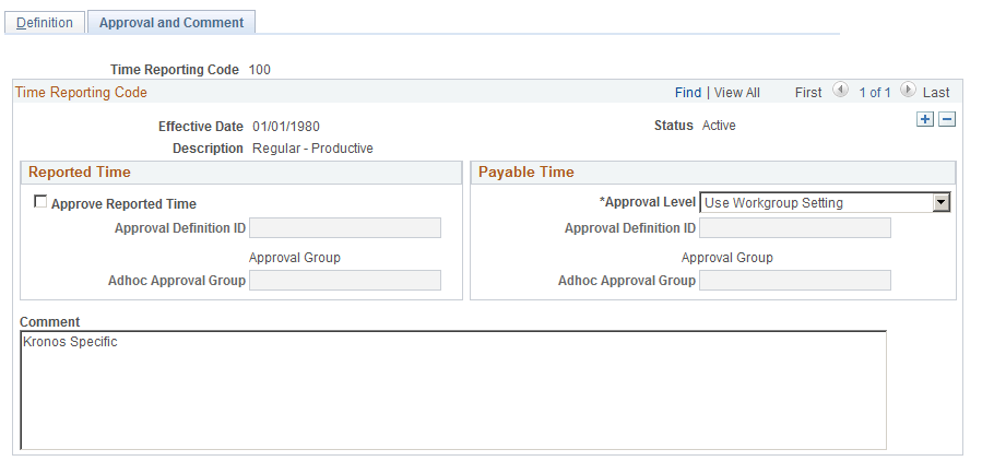 Time Reporting Codes - Approval and Comment page