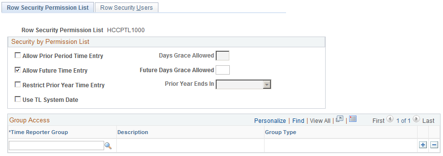 Row Security Permission List page