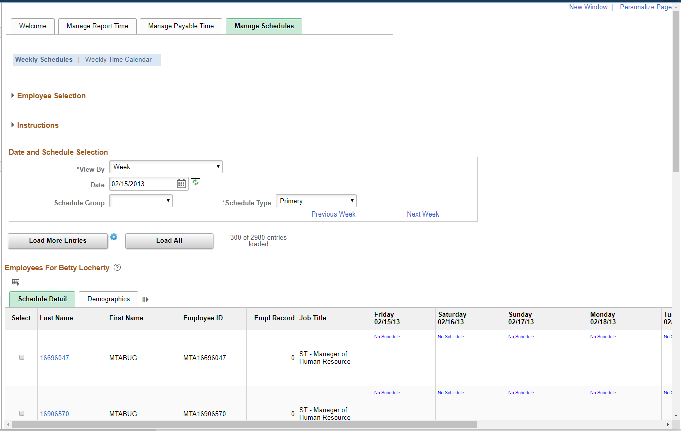 Manage Schedules tab in the Time and Labor WorkCenter