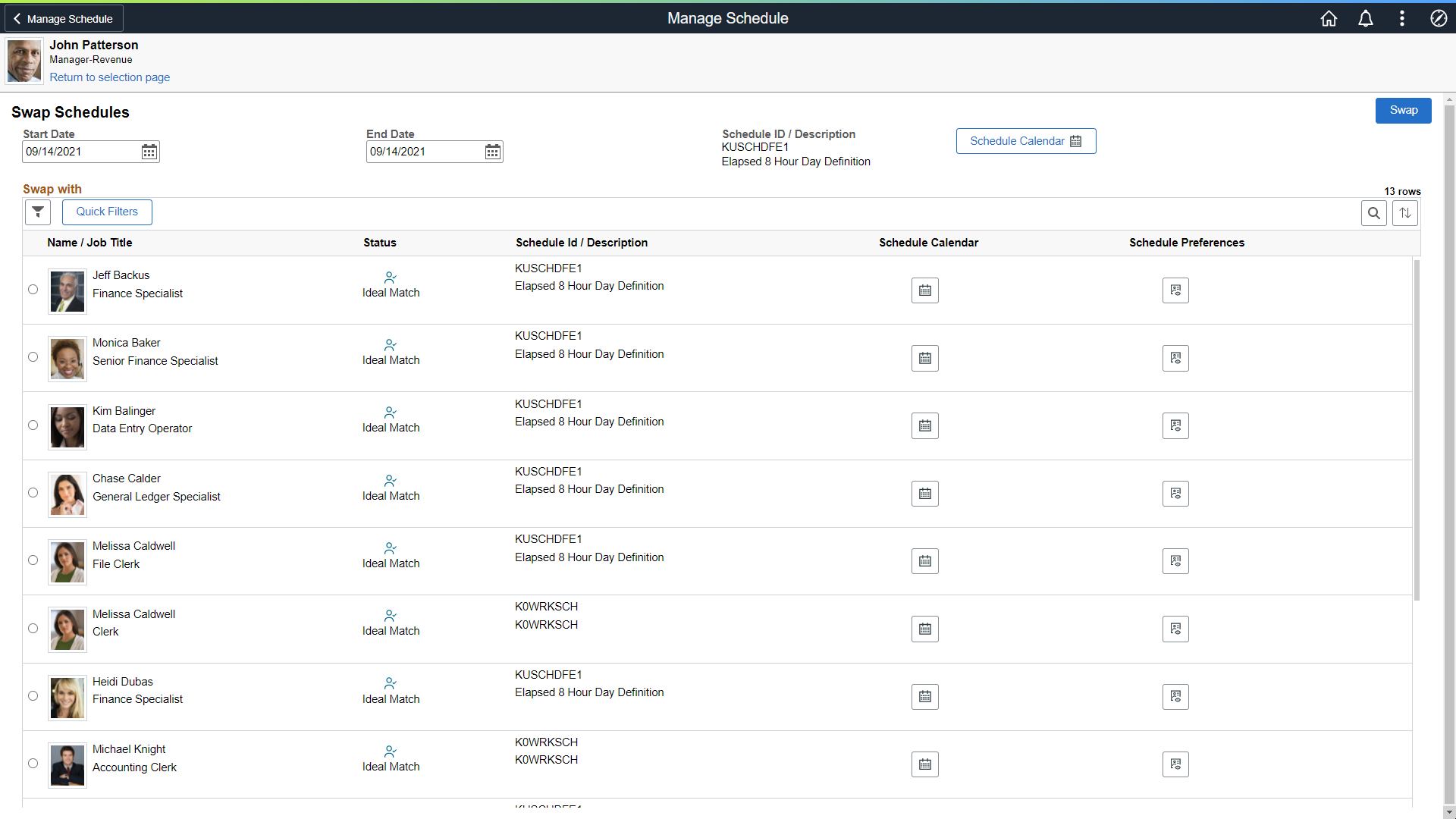 Swap Schedules Page