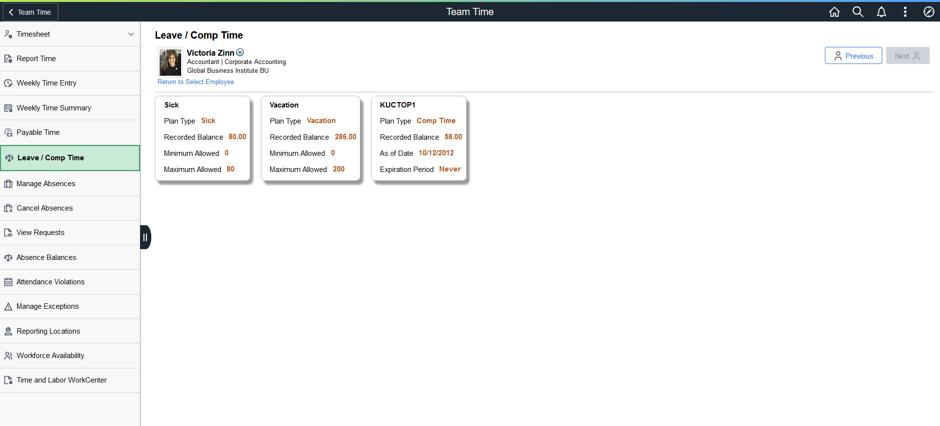 Leave Comp Time Summary page