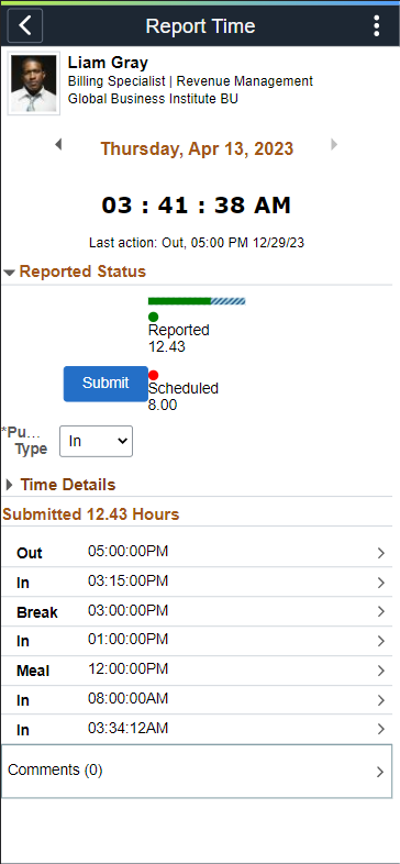 (Smartphone) Report Time Page for Punch User