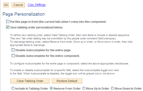 Page Personalization page