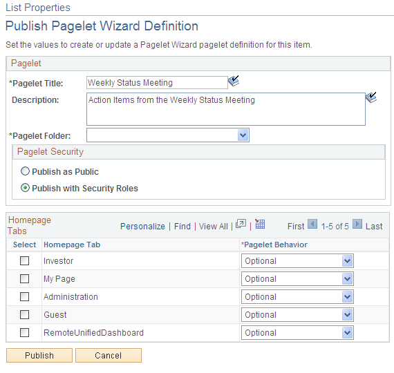 List Properties - Publish Pagelet Wizard Definition page