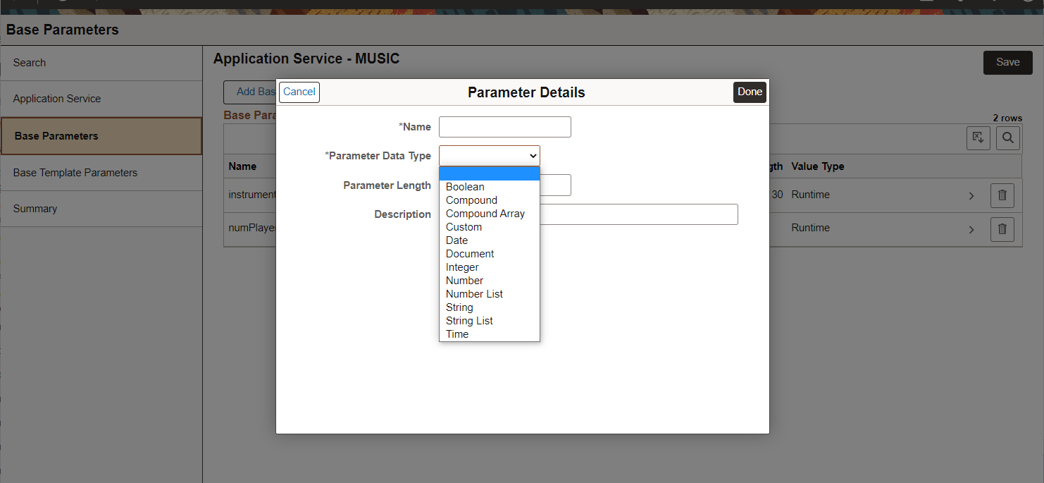 Base Parameters Details page
