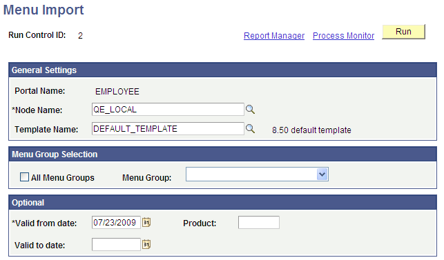 Menu Import page