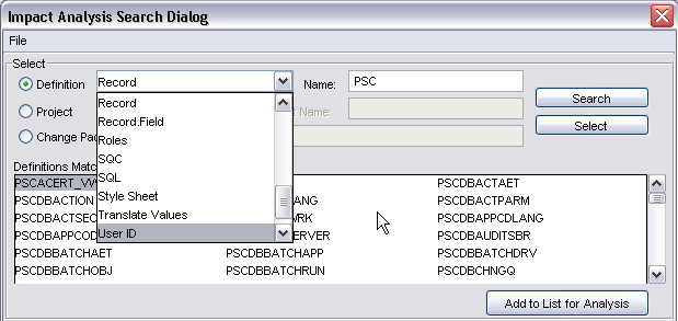 Impact Analysis Search Dialog page (Select Definition dropdown list)