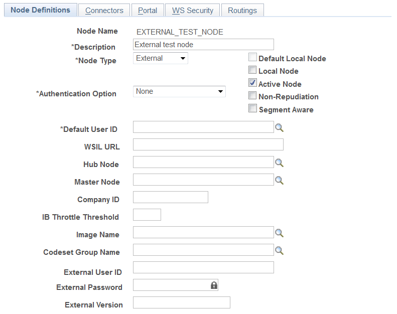 Nodes - Node Definitions page (External node)