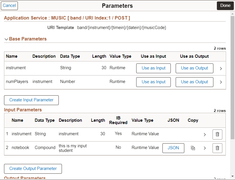 Parameters page