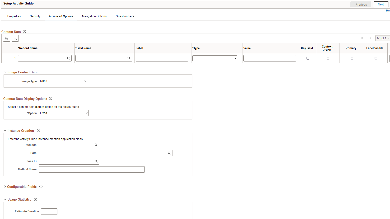 Template Properties: Advanced Options page