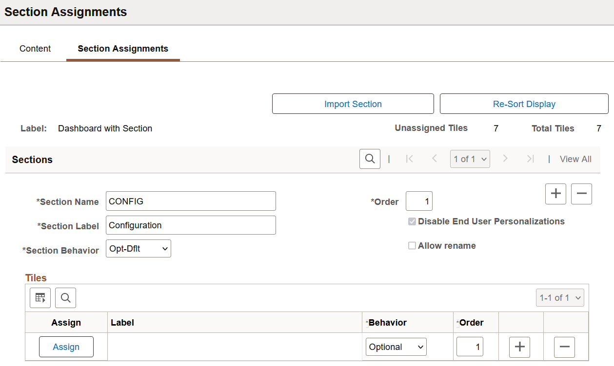 Section Assignments page for dashboard