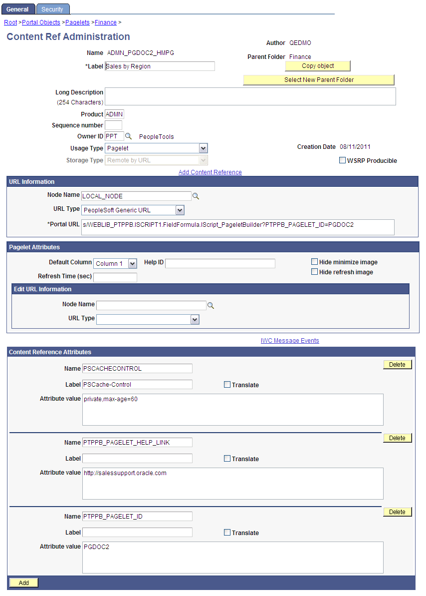 Content Ref Administration page - iScript-based pagelet