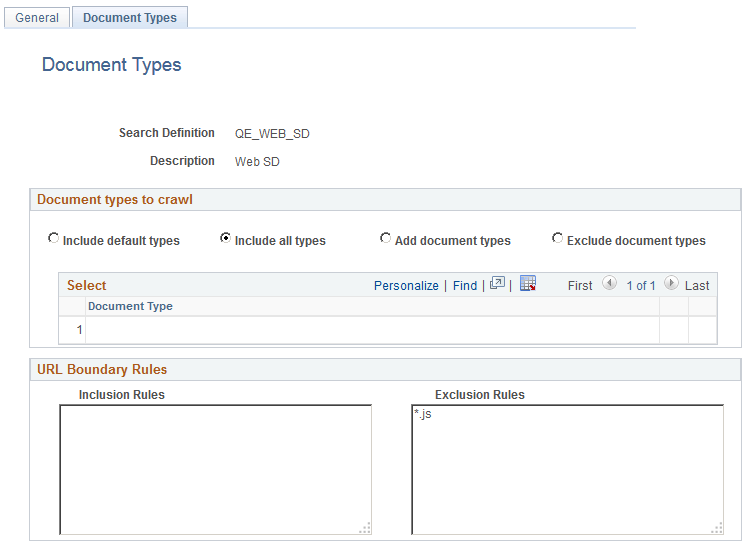 Web Source - Document Types page