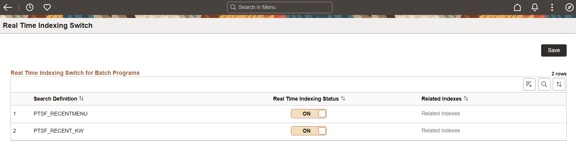 Real Time Indexing Switch page