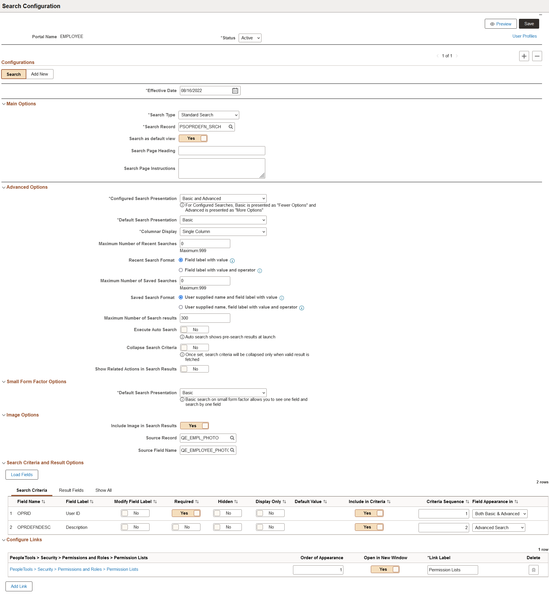 Search Configuration page