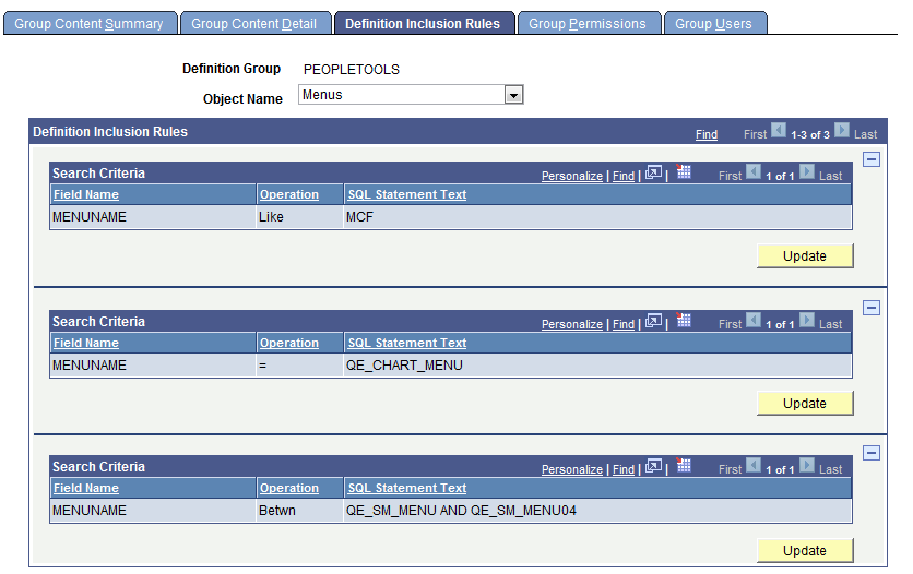 Definition Inclusion Rules page when inclusion rules are defined for a definition object