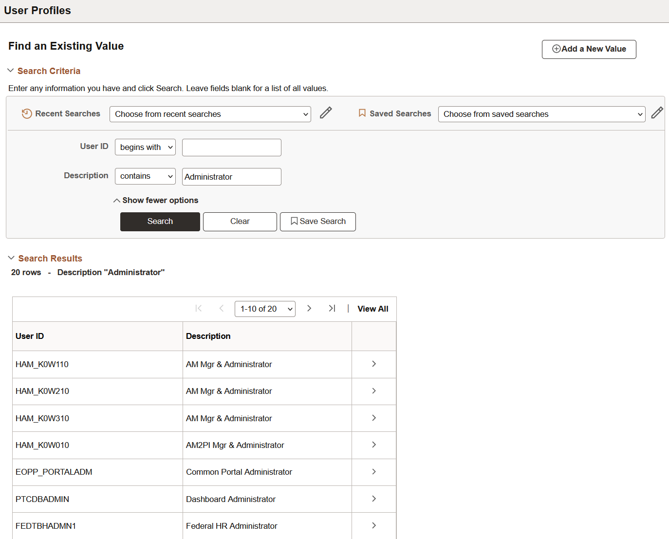 Advanced Search page showing a search where Description contains Administrator